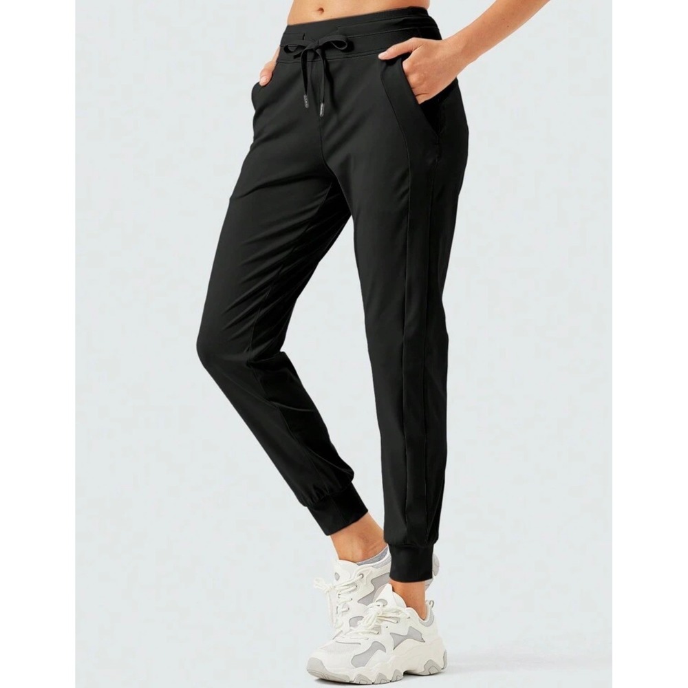 Black Mid Rise Joggers Drawstring Lightweight Yoga Workout Pants with Pockets XL